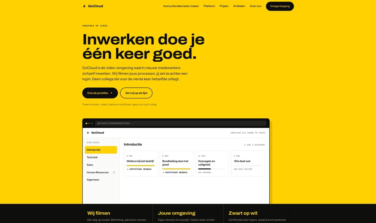 Screenshot van de website van GoCloud